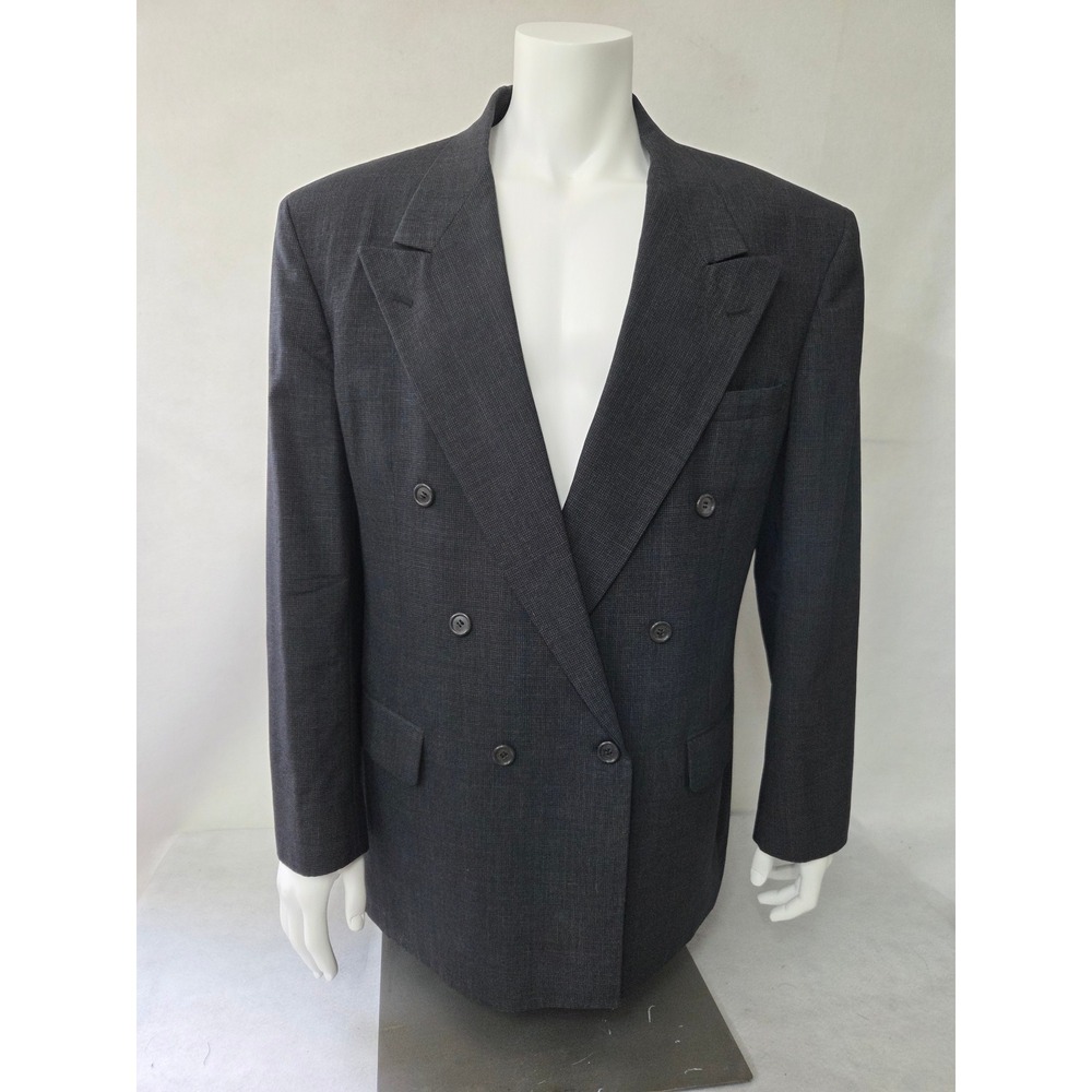Bill Blass Mens Vintage Double Breasted Wool Blazer Charcoal Grey Check 44R